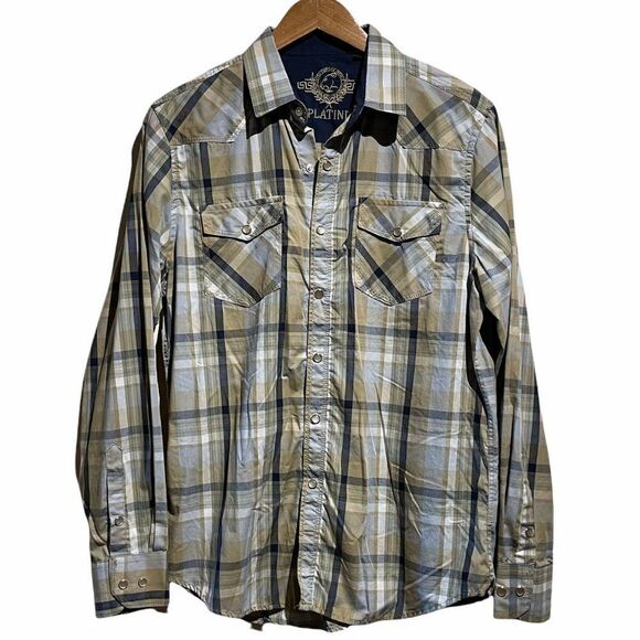 PLATINI Western Plaid Shirt w/Snap Buttons Navy/Khaki Medium - Picture 2 of 10